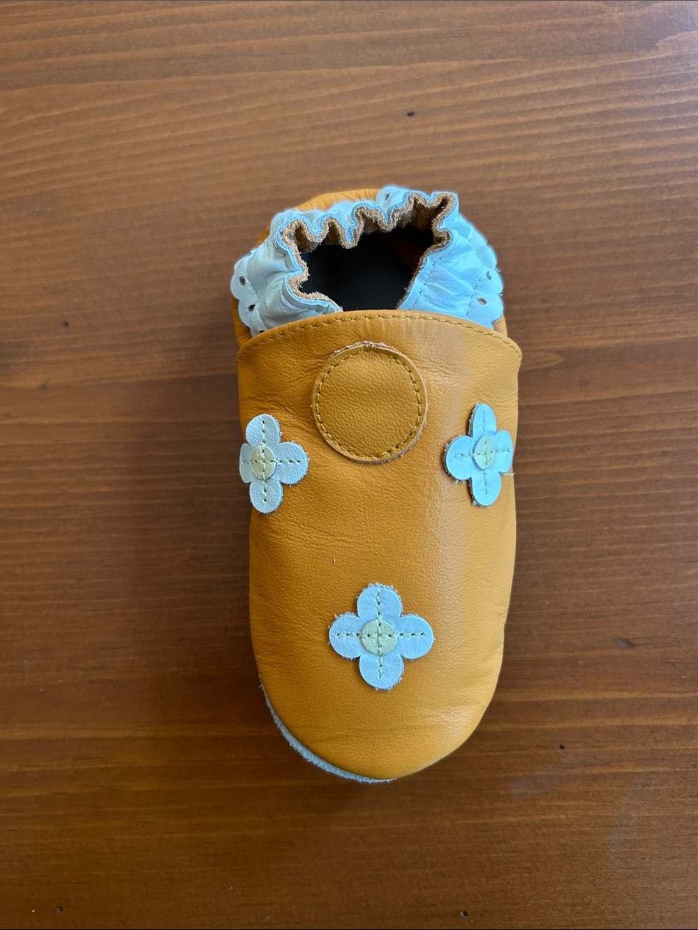 Robeez Soft Leather Slip-On Shoe in Mustard with Light Blue Accent